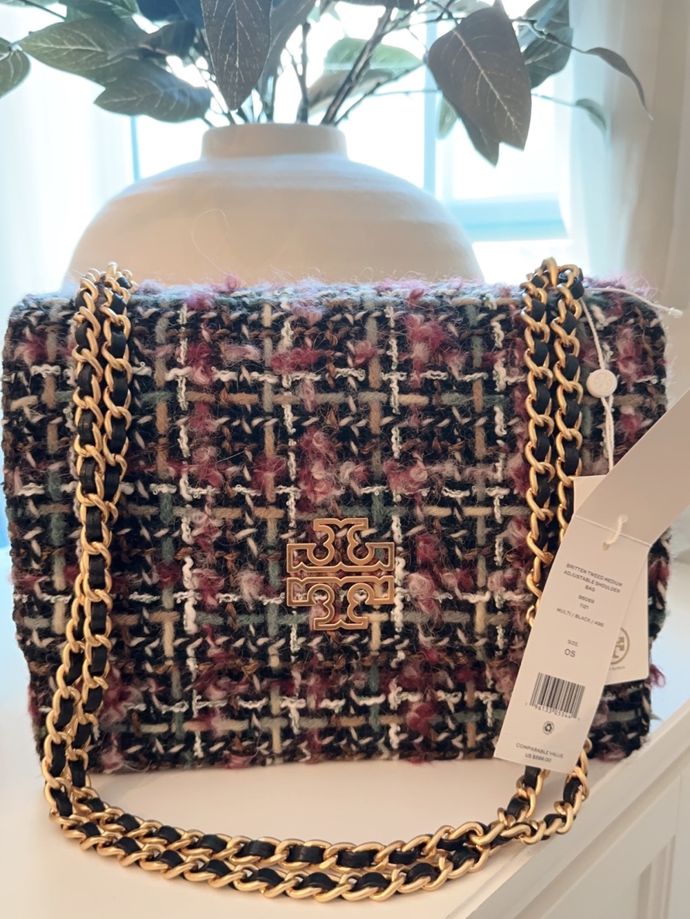 Tory Burch Tweed Chain Shoulder Bag - Black, Green Pink & Cream